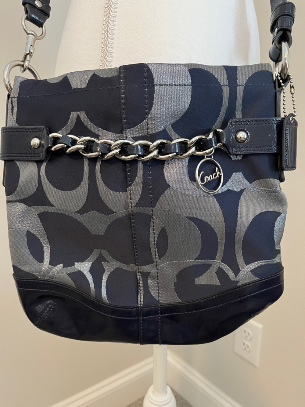 Coach Navy and Gray Signature Chain-Trim Shoulder Bag